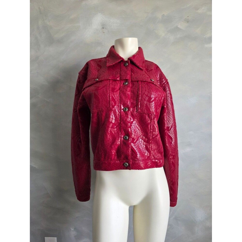 Vtg Fubu Red Faux Leather Textured Print Shine Cropped Jacket Button Up Sz 9/10